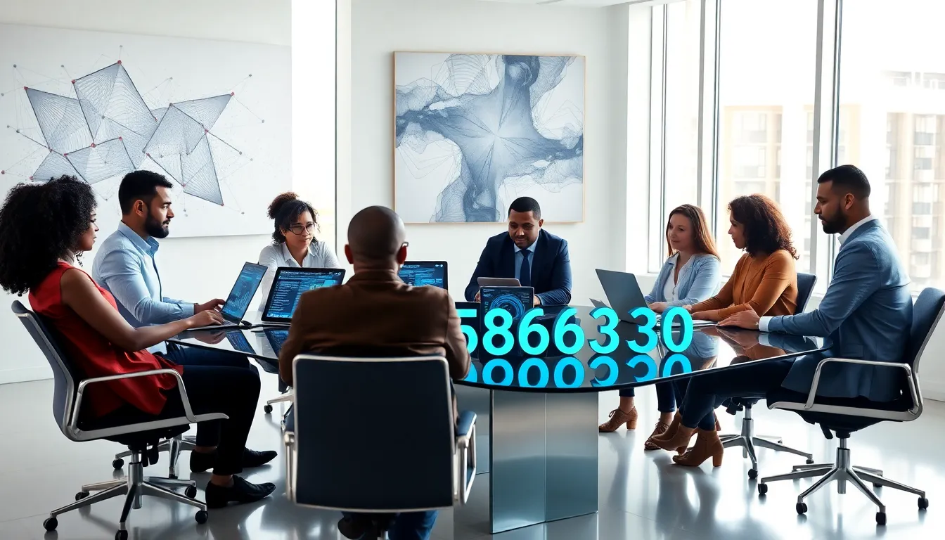 diverse team discussing data in a modern office setting.